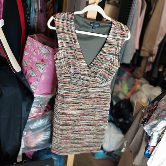 Connected Apparel • Y2k 90s Brown Multicolor Colorful V Neck Dress Sheath 10 - Picture 7 of 14